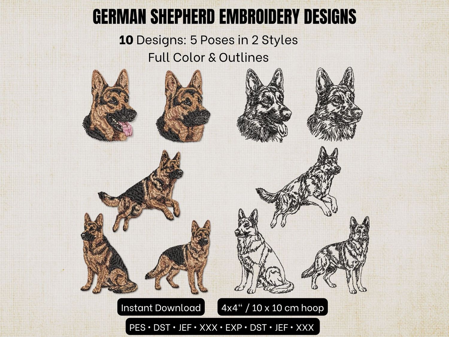 German Shepherd embroidery designs showcasing 10 options across 5 poses in both full color and black outline styles.