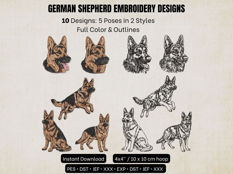 German Shepherd embroidery designs showcasing 10 options across 5 poses in both full color and black outline styles.