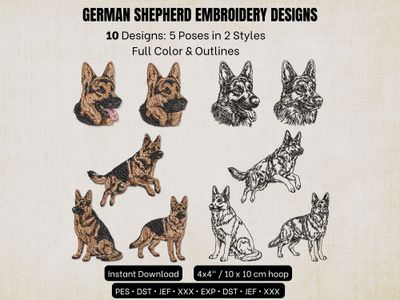 German Shepherd embroidery designs showcasing 10 options across 5 poses in both full color and black outline styles.