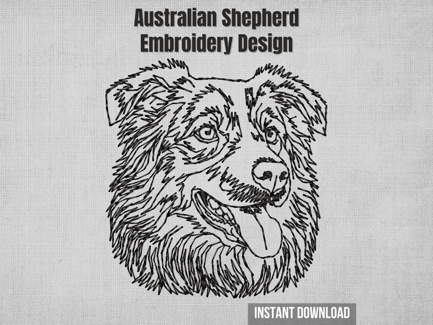 Single-color blackwork Australian Shepherd head machine embroidery design with sketch-style stitching, instant download file.