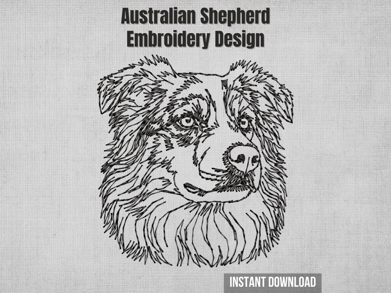 Single-color blackwork Australian Shepherd head machine embroidery design with sketch-style stitching, instant download file.