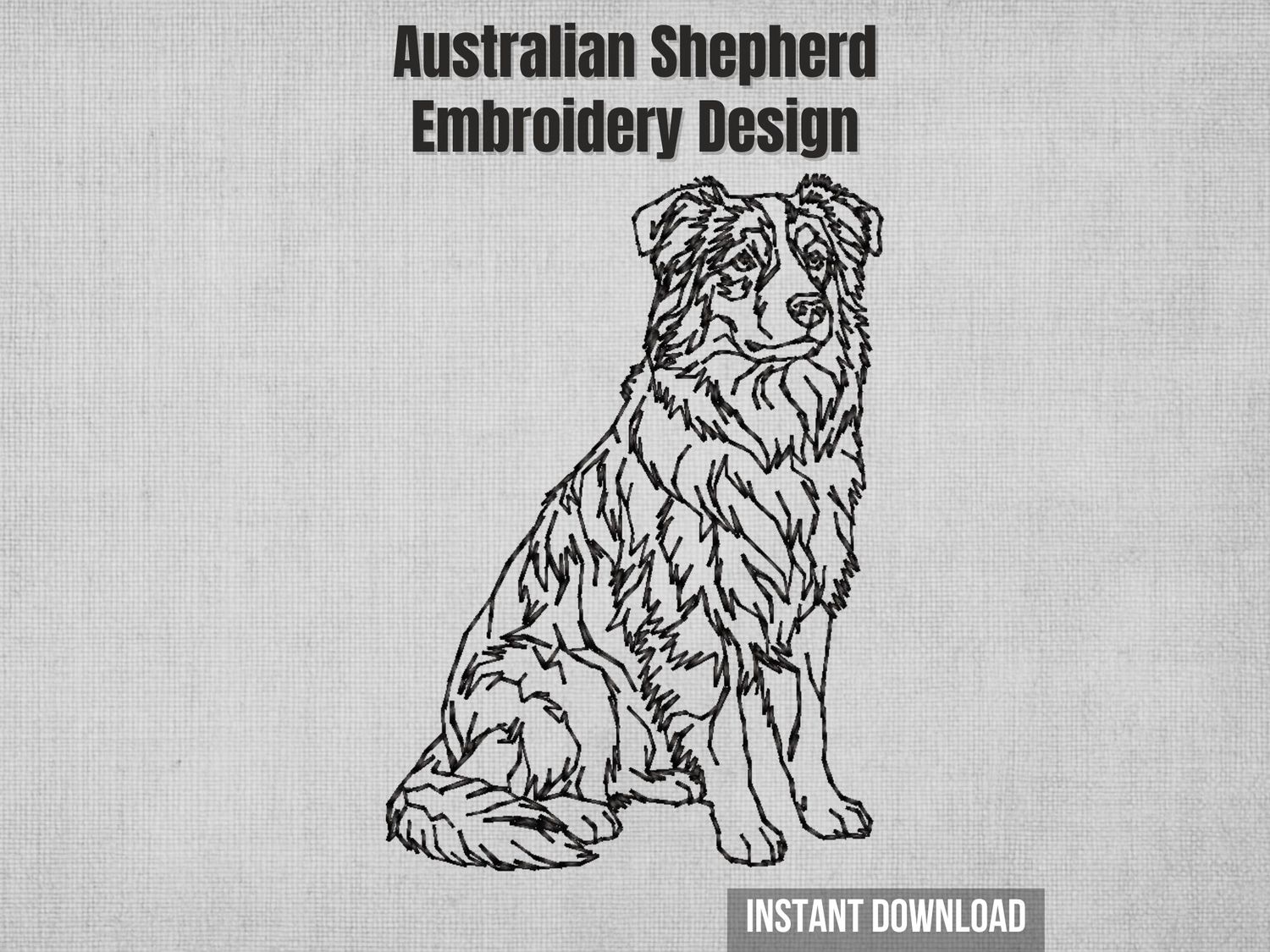 Single-color blackwork sitting Australian Shepherd machine embroidery design with sketch-style stitching, instant download.