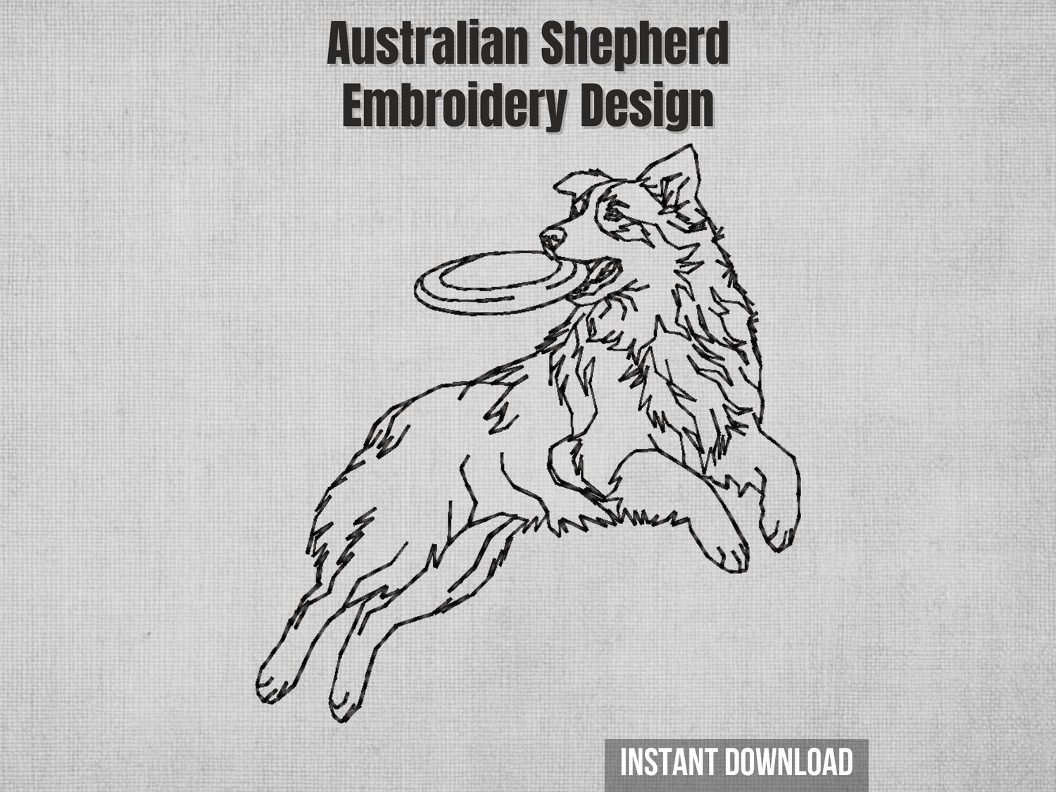 Single-color blackwork jumping Australian Shepherd with frisbee machine embroidery design, sketch-style, instant download.