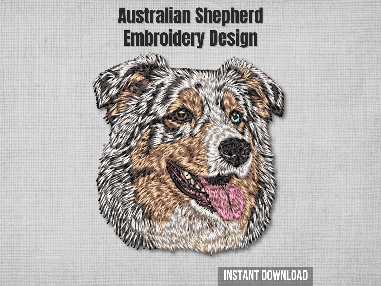 Realistic full-color Australian Shepherd machine embroidery design with detailed portrait stitching, instant download file.