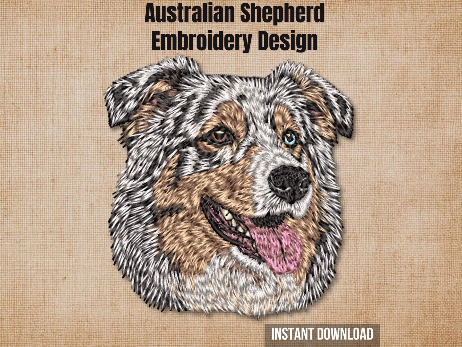 Textured natural burlap background highlighting the Australian Shepherd embroidery design with an instant download badge