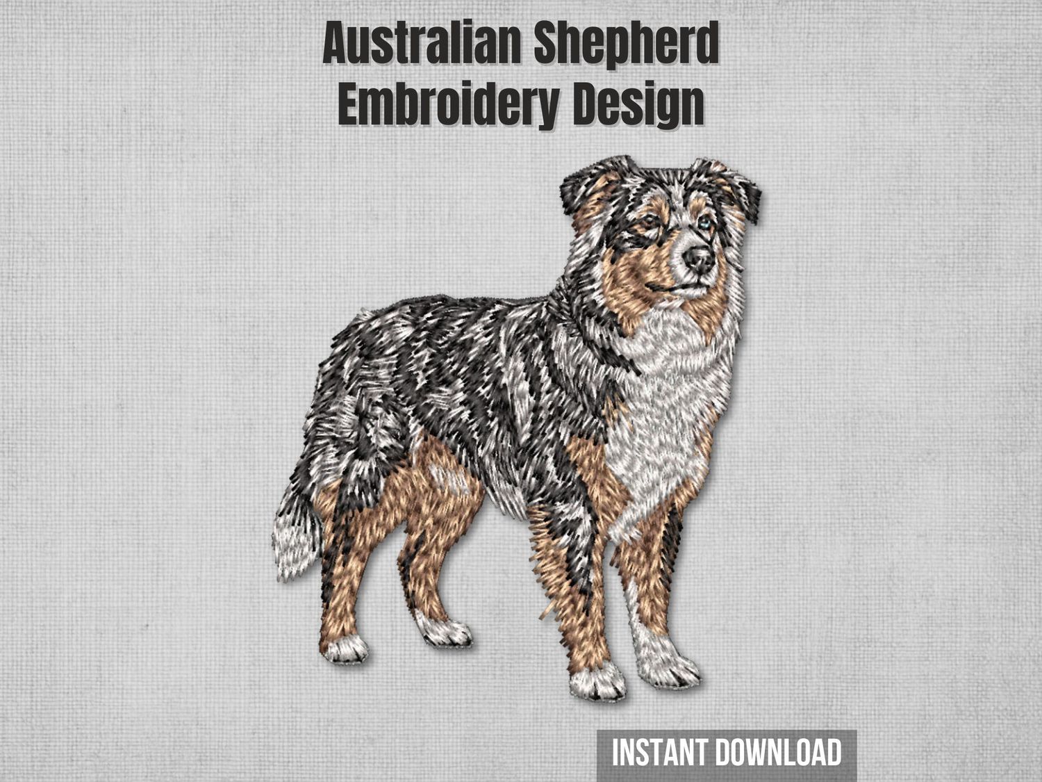 Realistic full-color standing Australian Shepherd machine embroidery design with detailed stitching, instant download file.