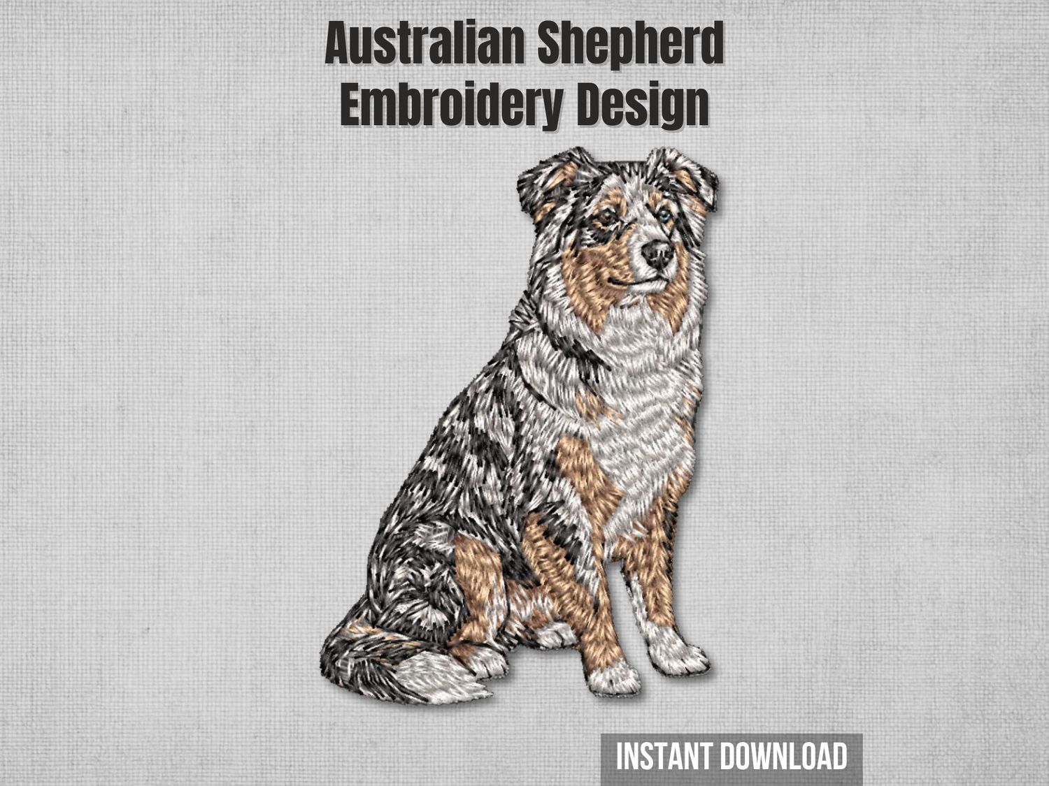 Realistic full-color sitting Australian Shepherd machine embroidery design with detailed portrait stitching, instant download