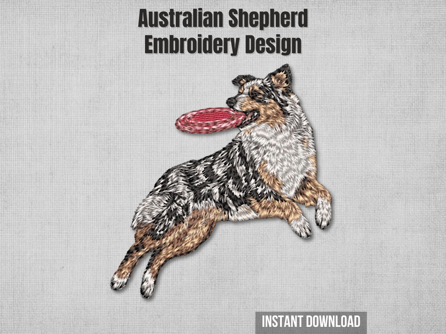 Full-color jumping Australian Shepherd catching a flying disc machine embroidery design with realistic portrait stitching.