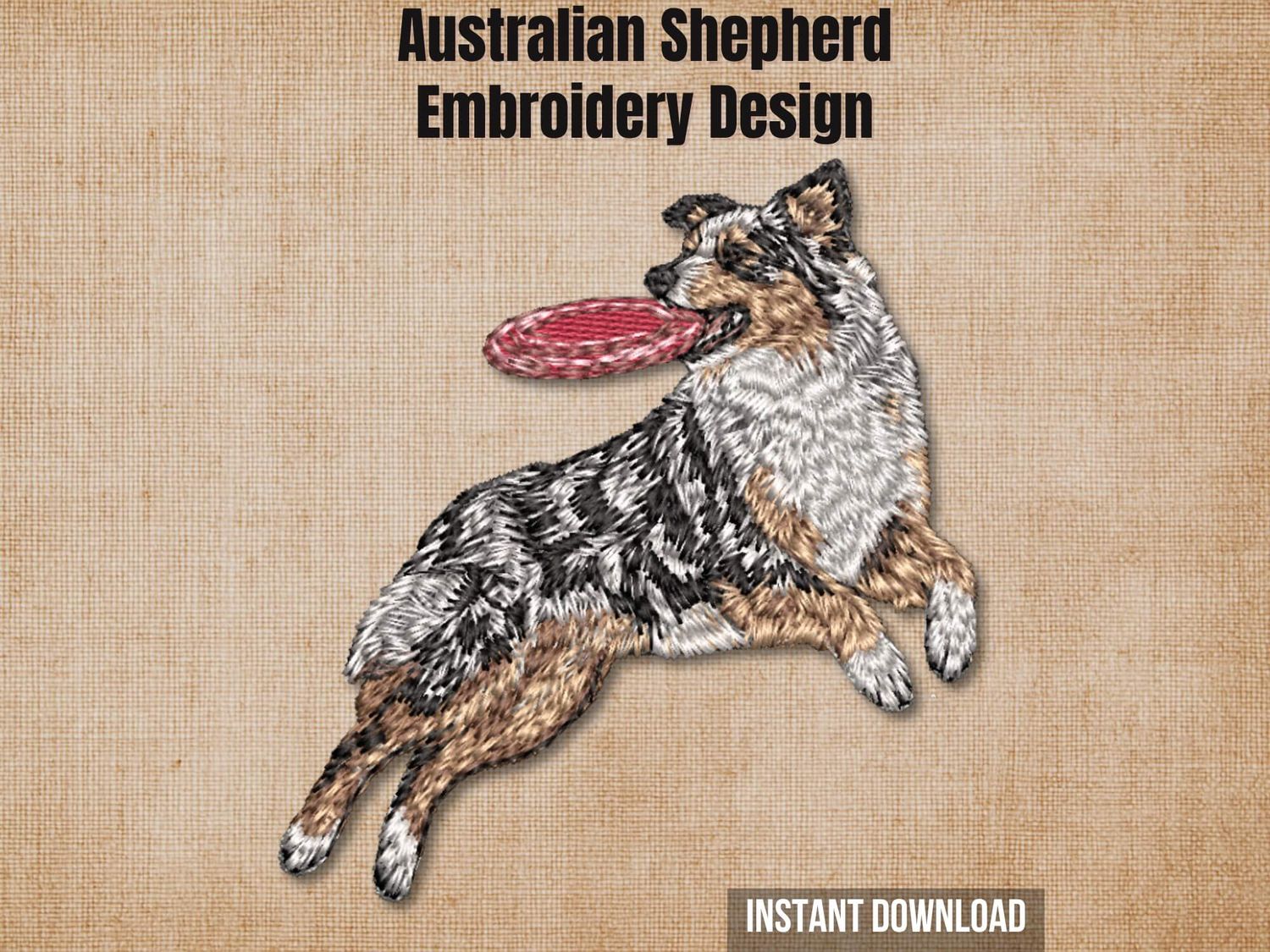 Australian Shepherd frisbee embroidery design preview card on a beige background with instant download.
