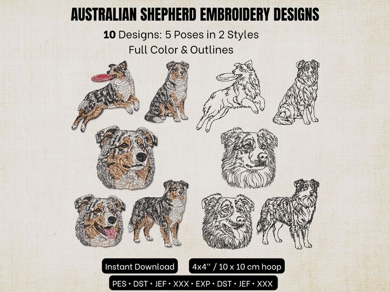 Australian Shepherd embroidery designs showing 10 dog poses in full color and black outline styles.