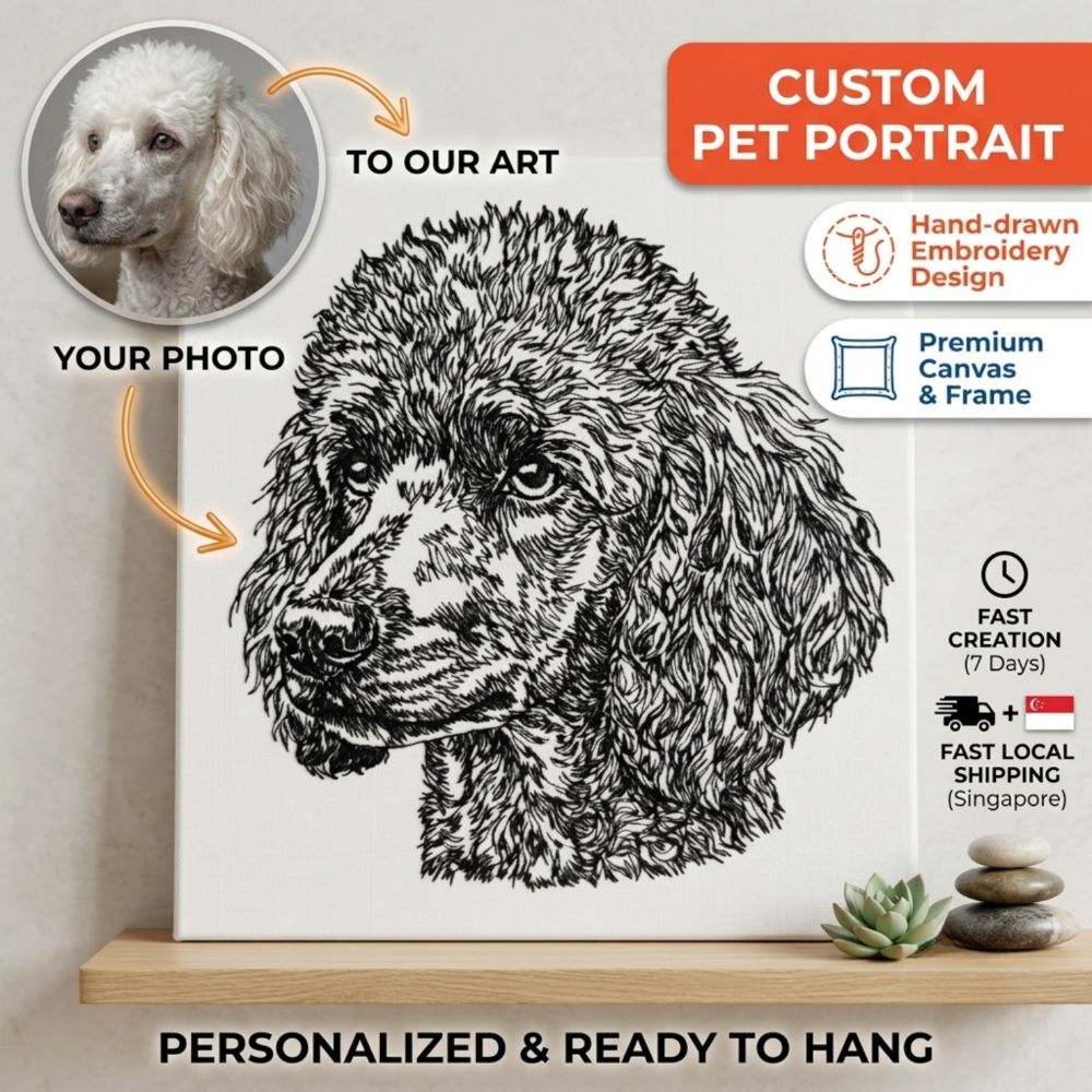 Product listing graphic showcasing a custom poodle embroidery portrait with Singapore shipping details.