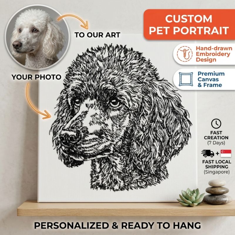 Product listing graphic showcasing a custom poodle embroidery portrait with Singapore shipping details.