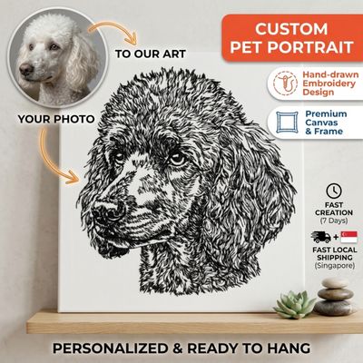 Product listing graphic showcasing a custom poodle embroidery portrait with Singapore shipping details.