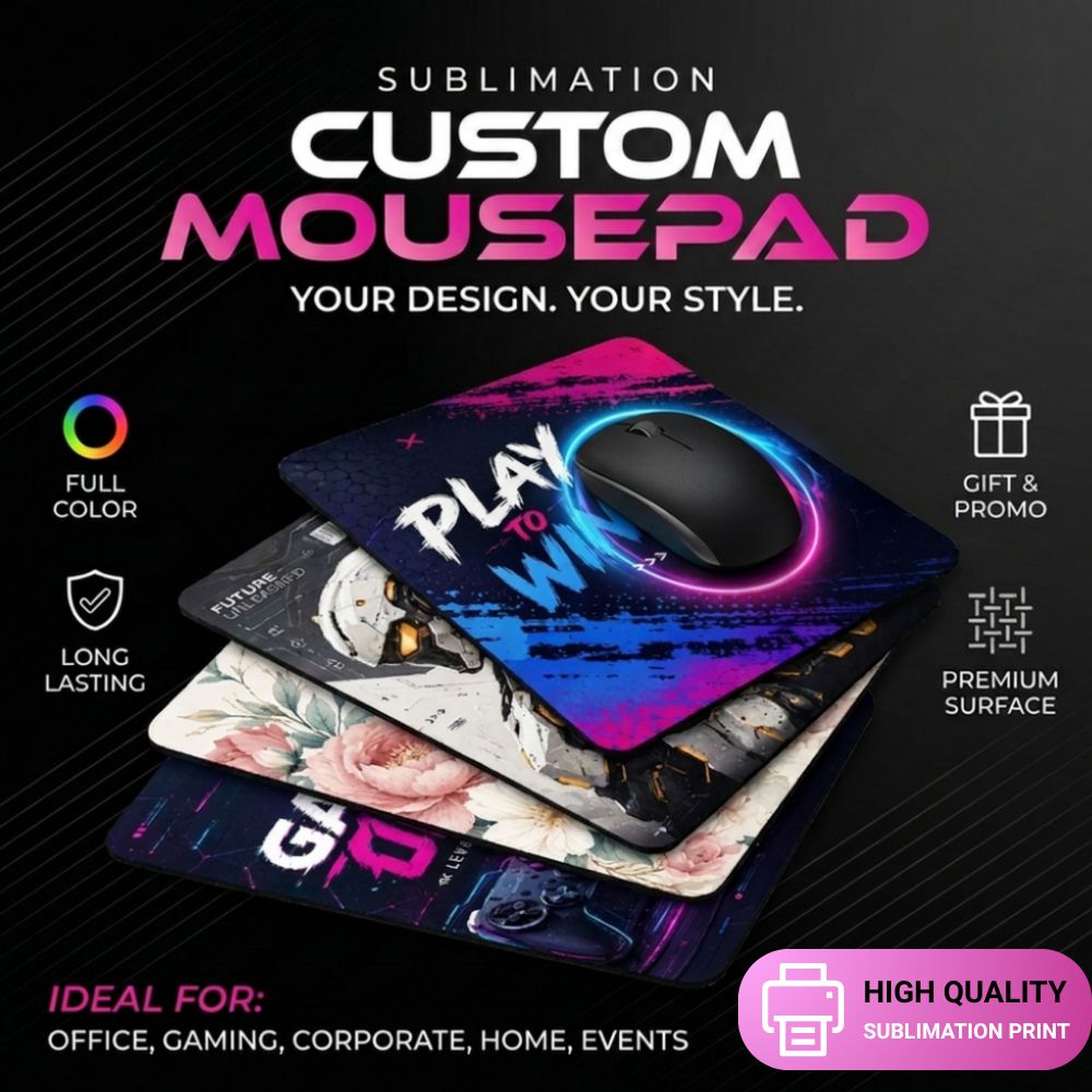 Flyer for custom sublimation mousepads showing a stack of vibrant mousepads with gaming, floral, and mecha designs.
