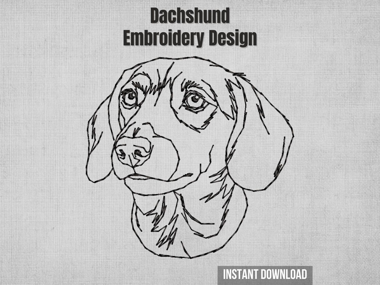 Detailed black outline embroidery of an attentive Dachshund face. 4x4 hoop closed-mouth Doxie sketch portrait.