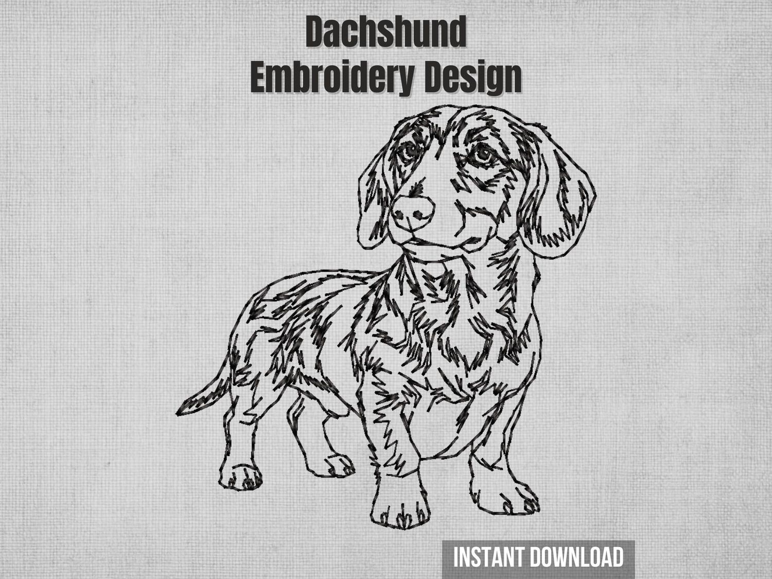 Detailed black outline embroidery of a standing Dachshund. 4x4 hoop sketch-stitch full body Doxie silhouette.