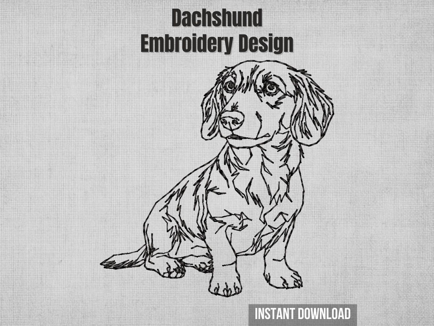 Detailed black outline embroidery of a seated Dachshund. 4x4 hoop sketch-stitch full body Doxie silhouette.