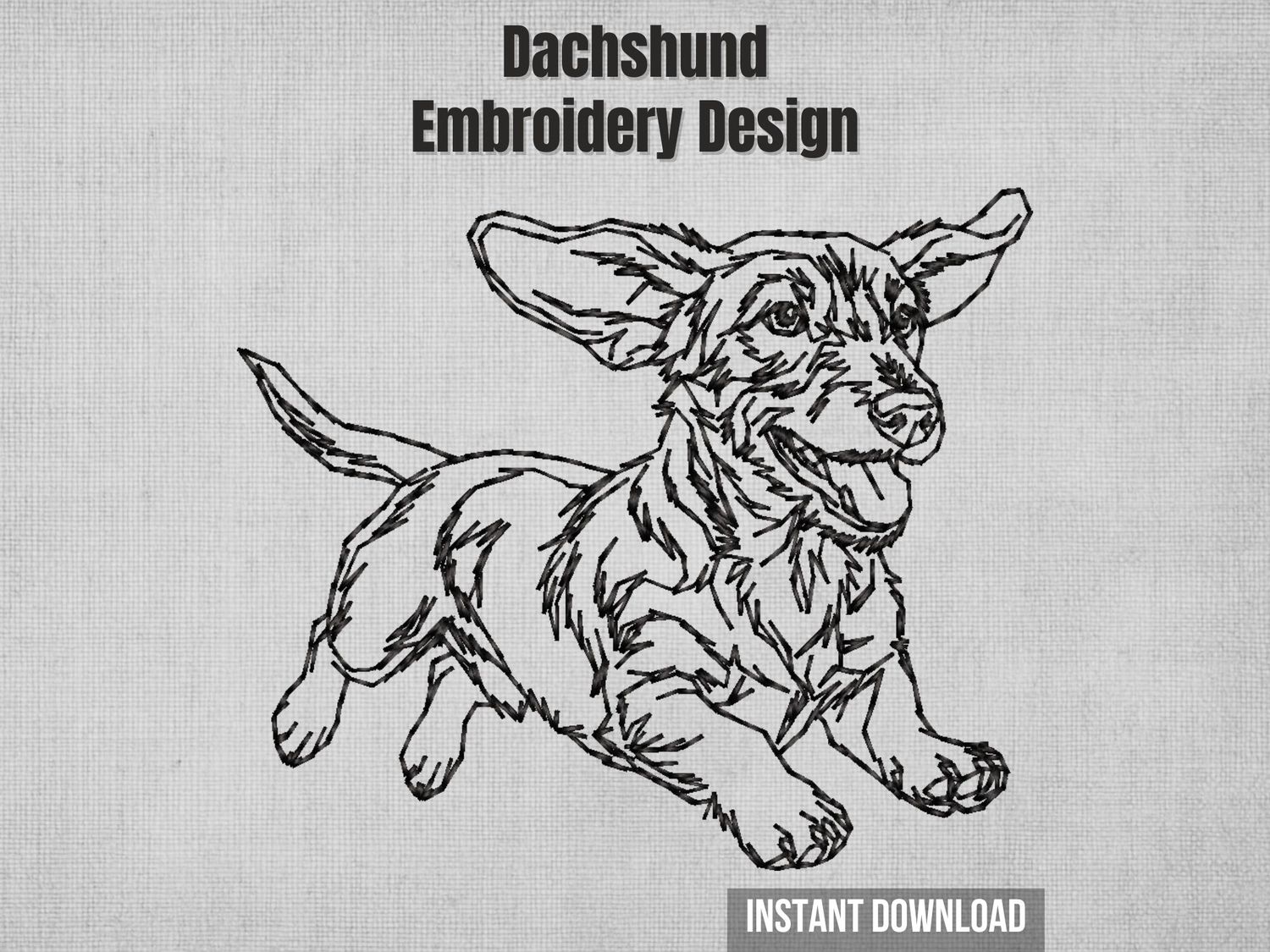 Detailed black outline embroidery of a running Dachshund. 4x4 hoop sketch-stitch full body Doxie zoomie silhouette.