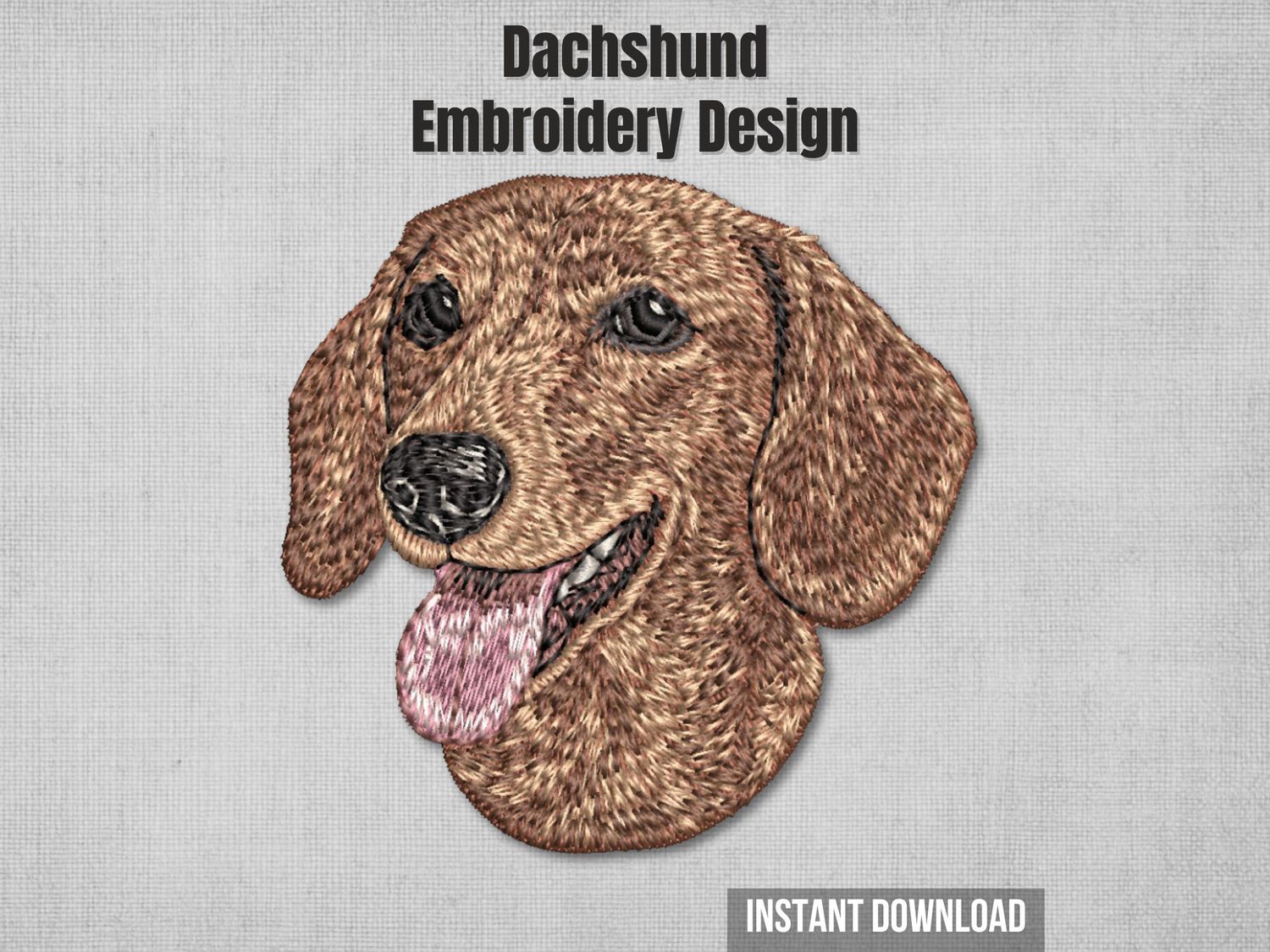 Photorealistic red Dachshund head embroidery for 4x4 hoops. Thread painting of a happy Doxie with its tongue out.
