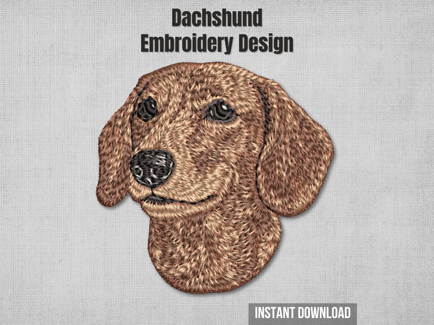 Photorealistic red Dachshund head embroidery for 4x4 hoops. Thread painting of an attentive Doxie with closed mouth.