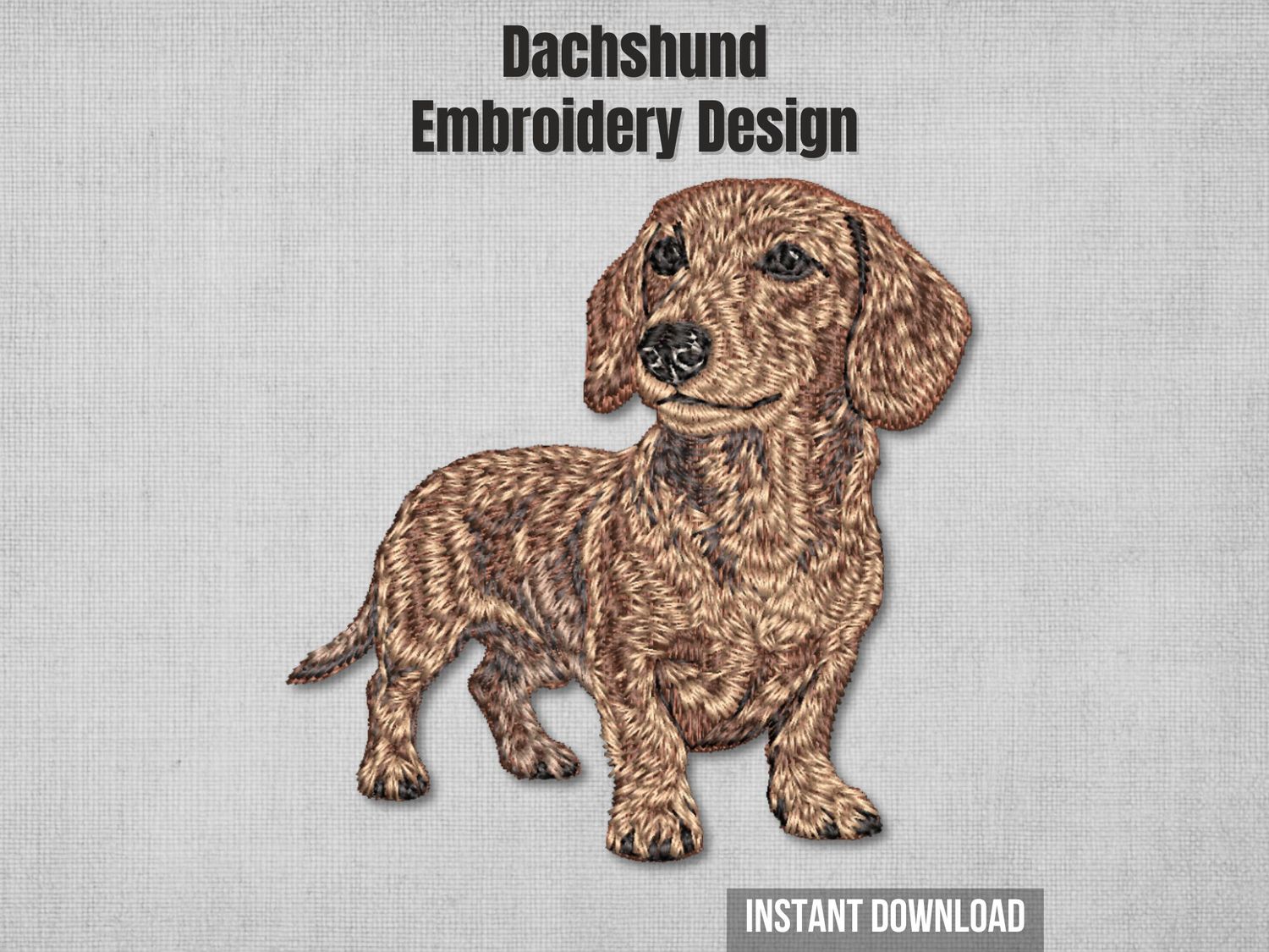 Photorealistic standing red Dachshund embroidery for 4x4 hoops. Full-body thread painting of an attentive closed-mouth Doxie.