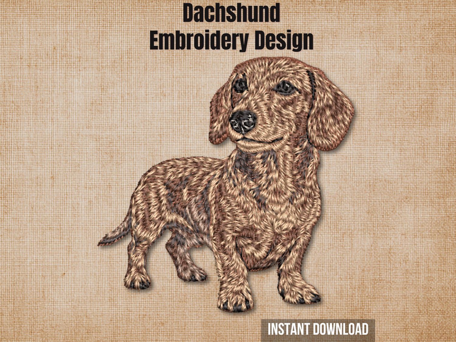 Wirehaired Dachshund embroidery design preview card on a beige background with instant download.