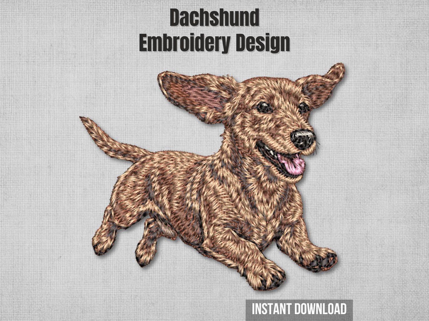 Photorealistic running red Dachshund embroidery for 4x4 hoops. Full-body thread painting of a Doxie zoomie with tongue out.