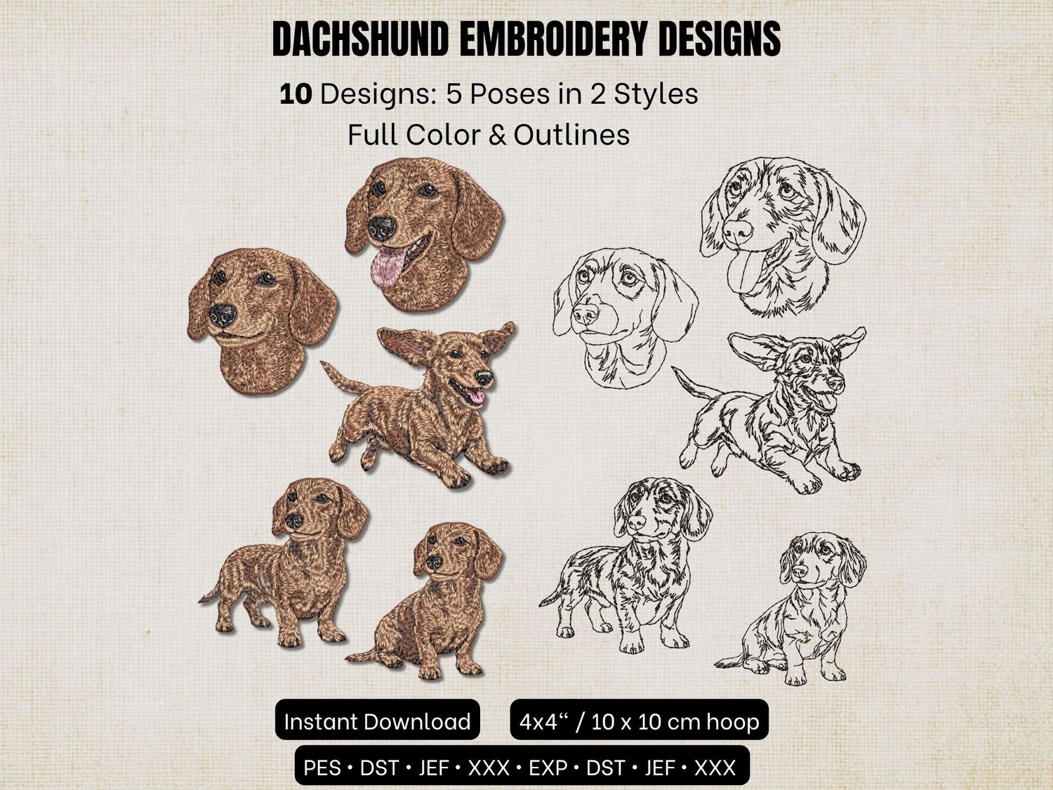 Dachshund signature embroidery collection showing minimalist sketch outlines and photorealistic full-body thread painting.