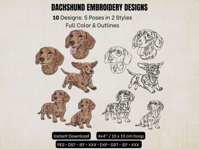 Dachshund signature embroidery collection showing minimalist sketch outlines and photorealistic full-body thread painting.