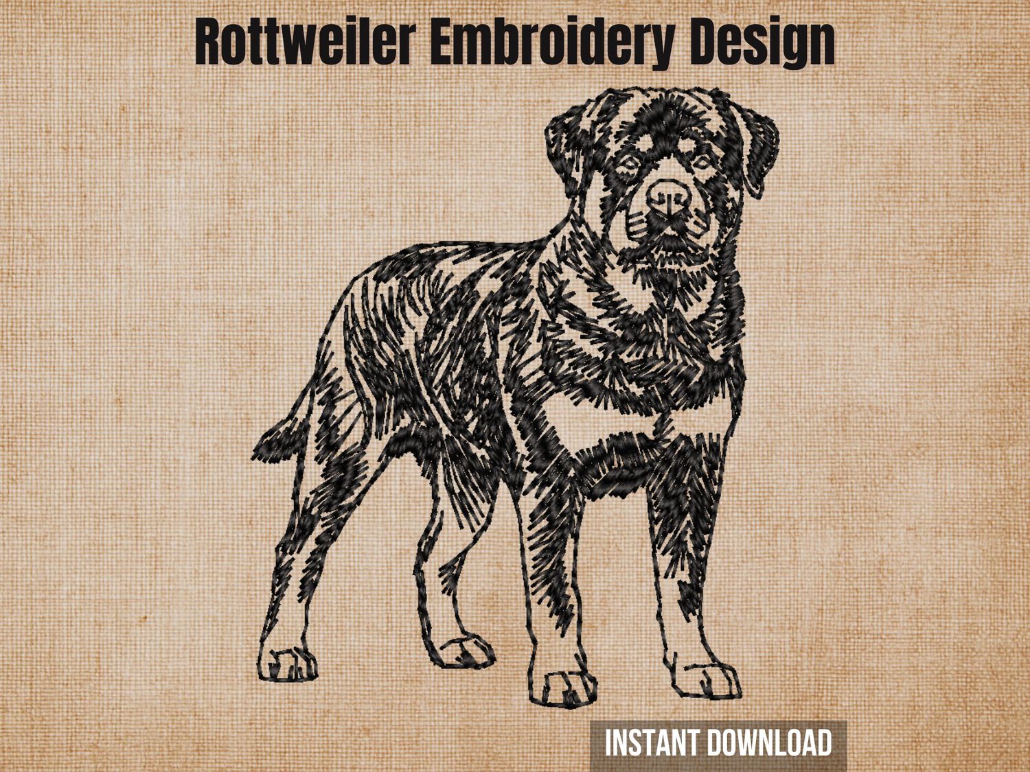 Black sketch-style embroidery of a Rottweiler dog, featured on a textured beige fabric background with heading text.
