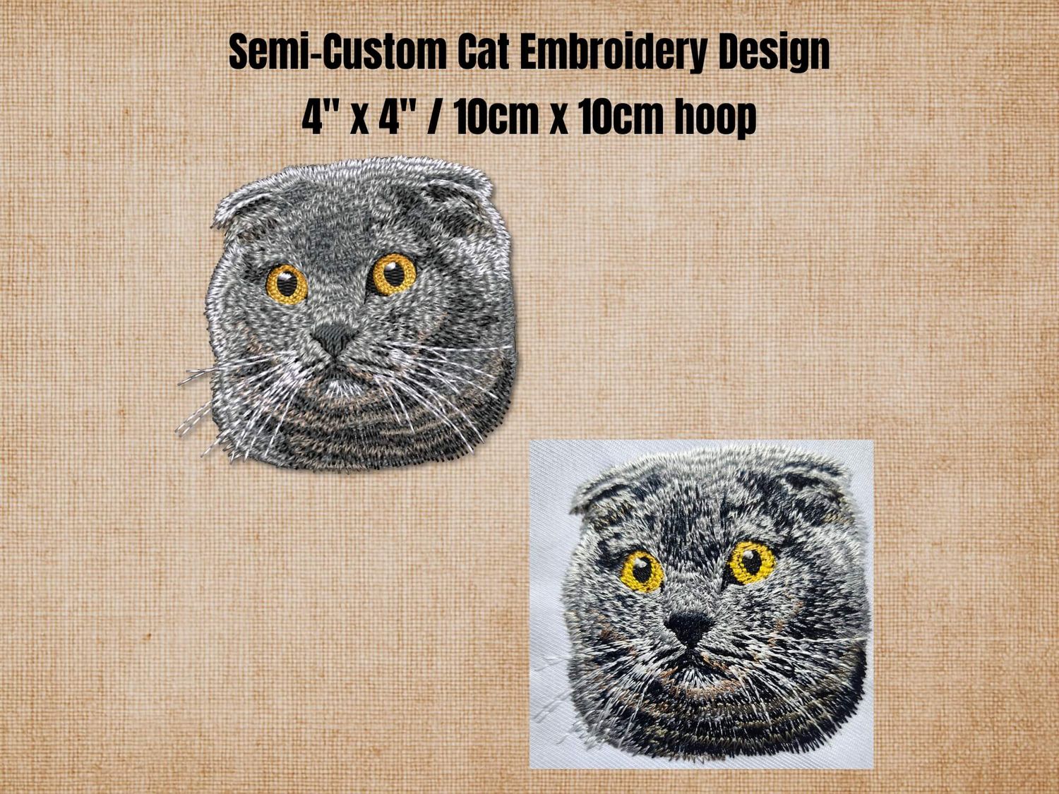 Realistic Scottish Fold cat embroidery preview and stitched sample for a 4x4 hoop, on a textured burlap backdrop.