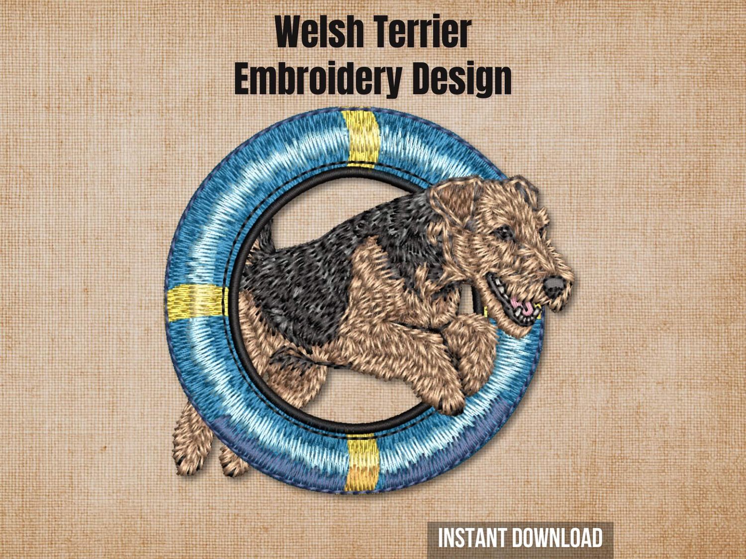 Welsh Terrier Embroidery Design logo showing a terrier leaping through an agility hoop on a burlap texture.