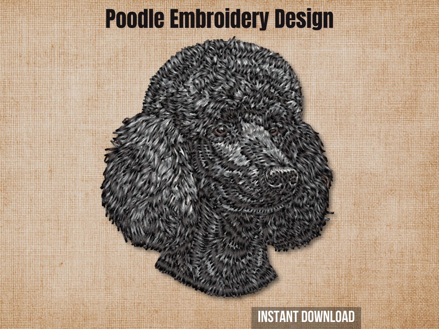 Promotional graphic showing a detailed black poodle embroidery design on a burlap fabric texture background.