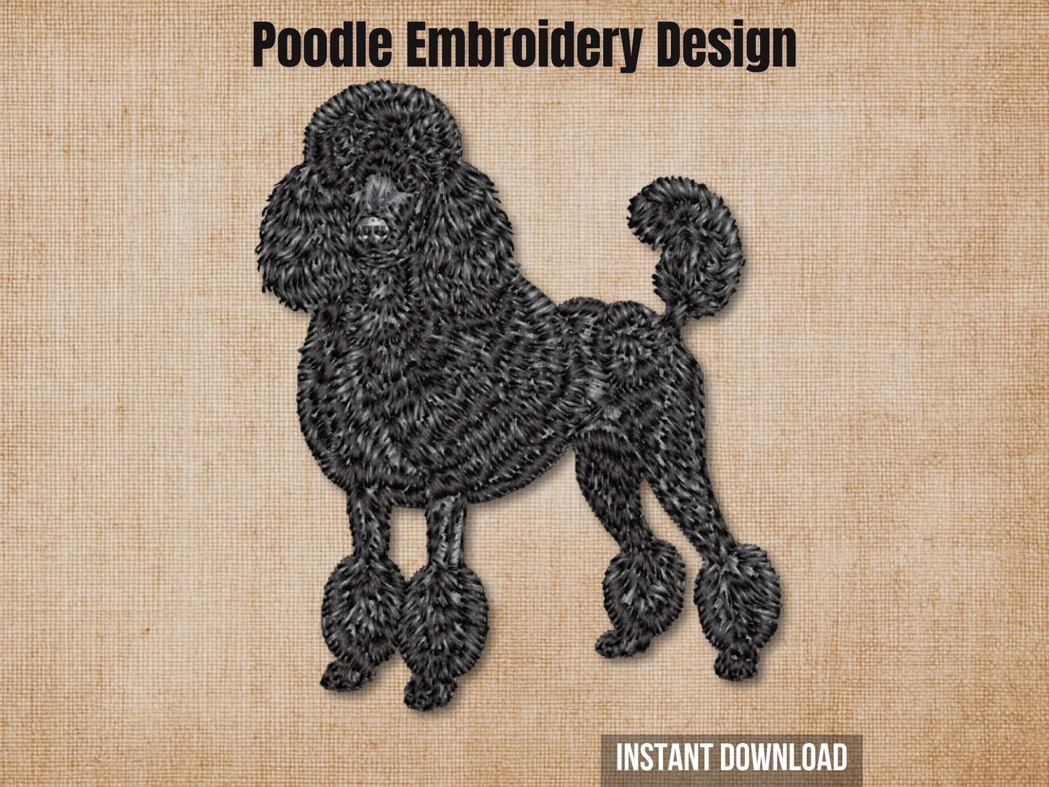 Digital mockup of a full-body black poodle embroidery pattern overlaid on a textured burlap fabric.
