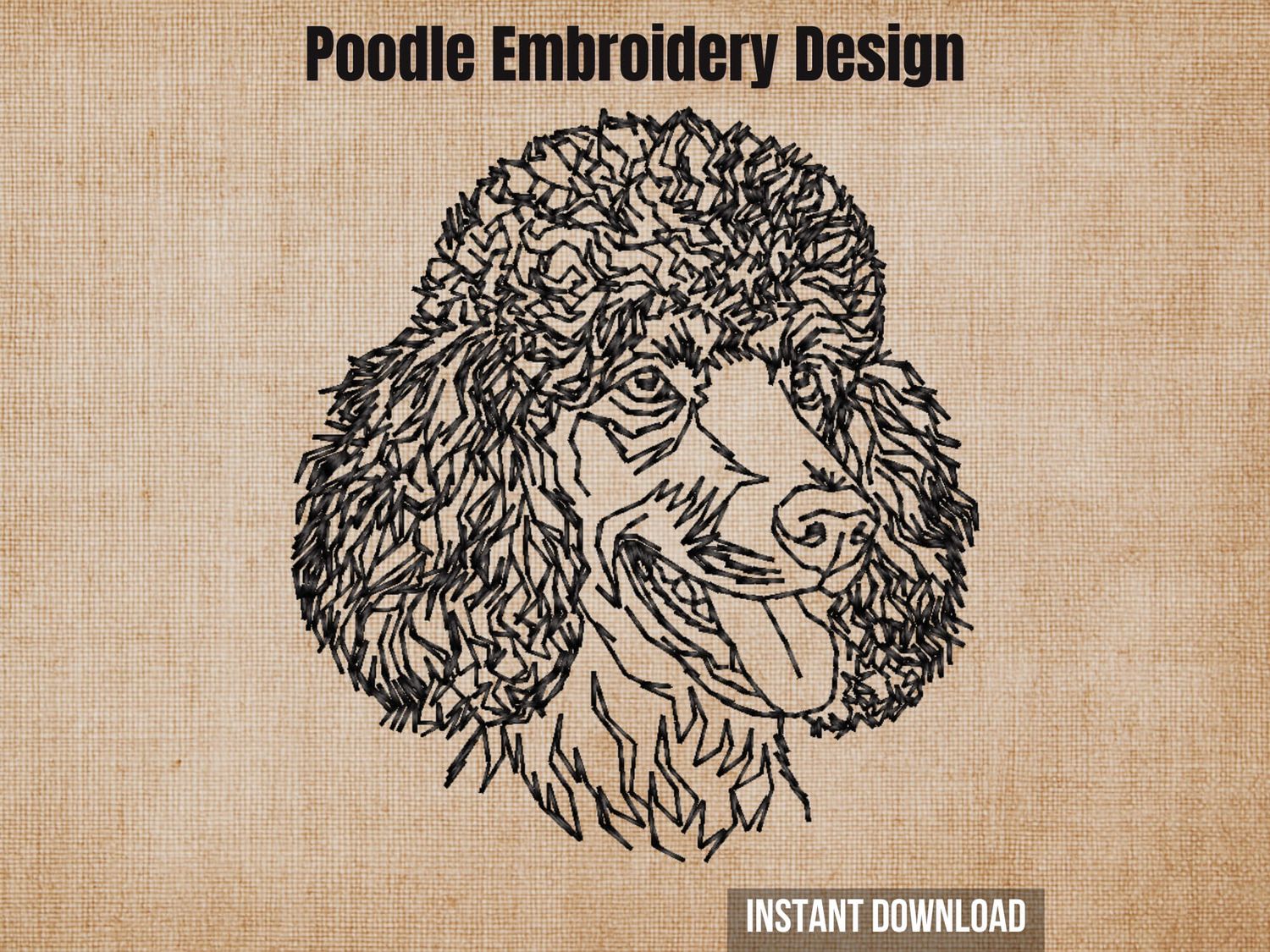 Digital mockup of a smiling poodle embroidery design on a brown rustic burlap background texture.