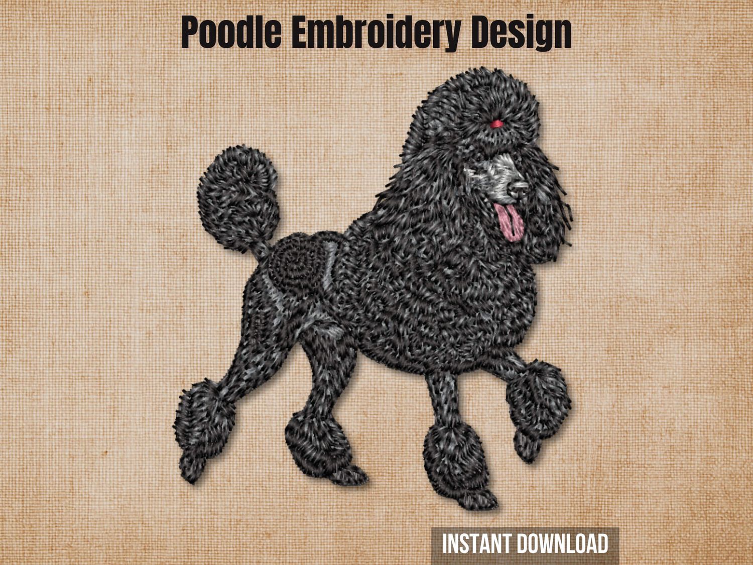 Product mockup showing a black poodle embroidery design on a rustic burlap texture background.