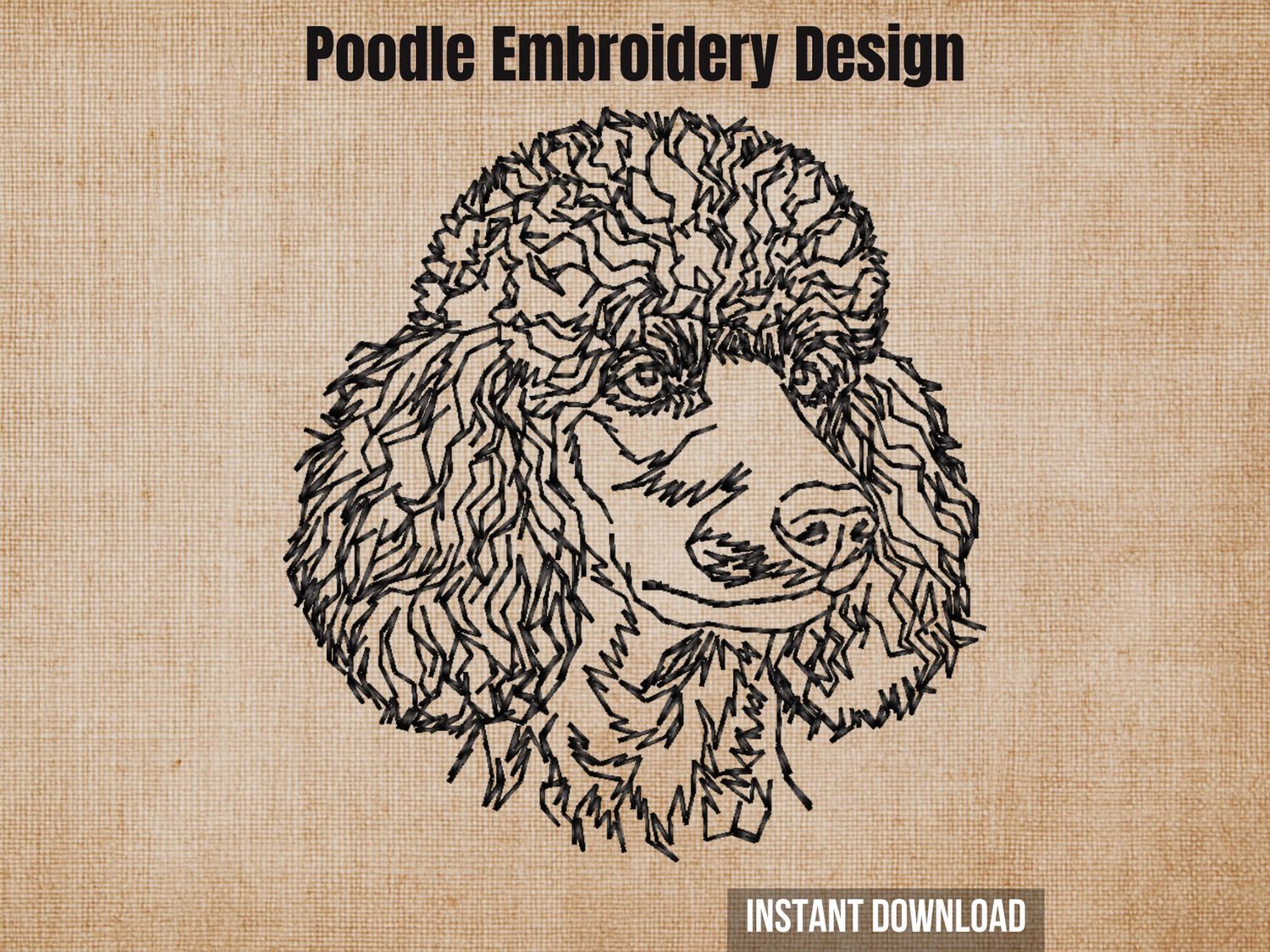 Digital mockup of a black line-art poodle embroidery design over a brown rustic burlap background texture.