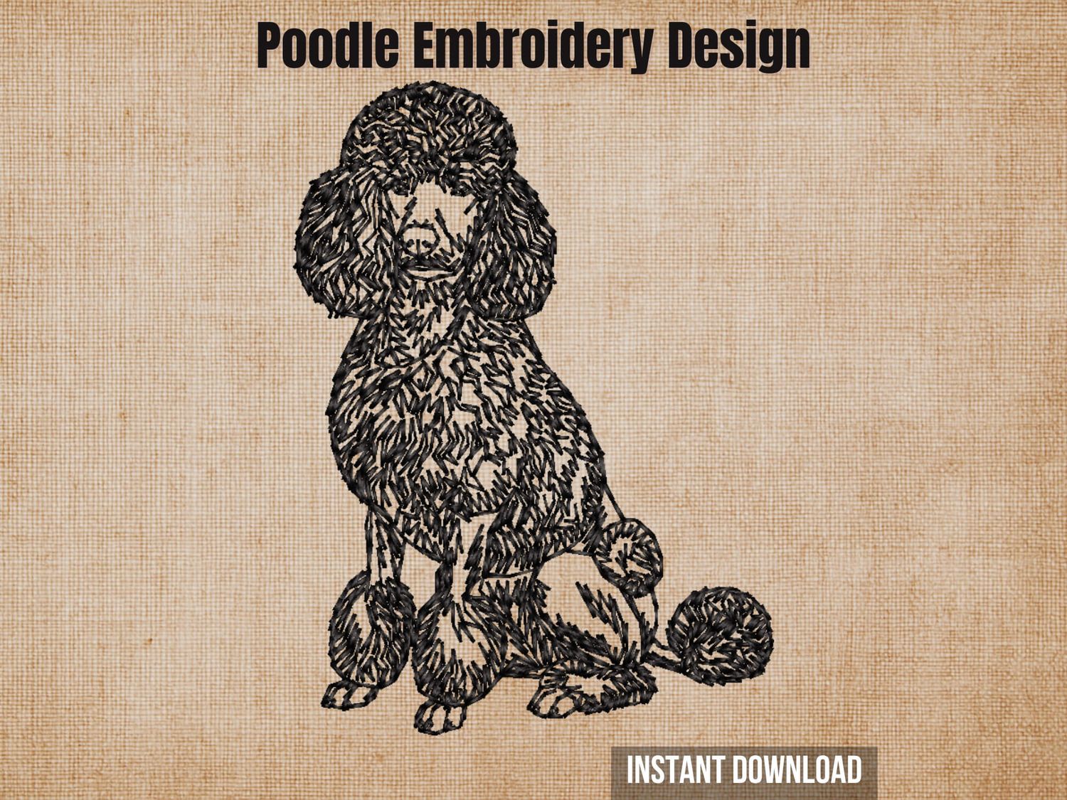 Product mockup showing a sitting black poodle embroidery design on a rustic burlap texture background.