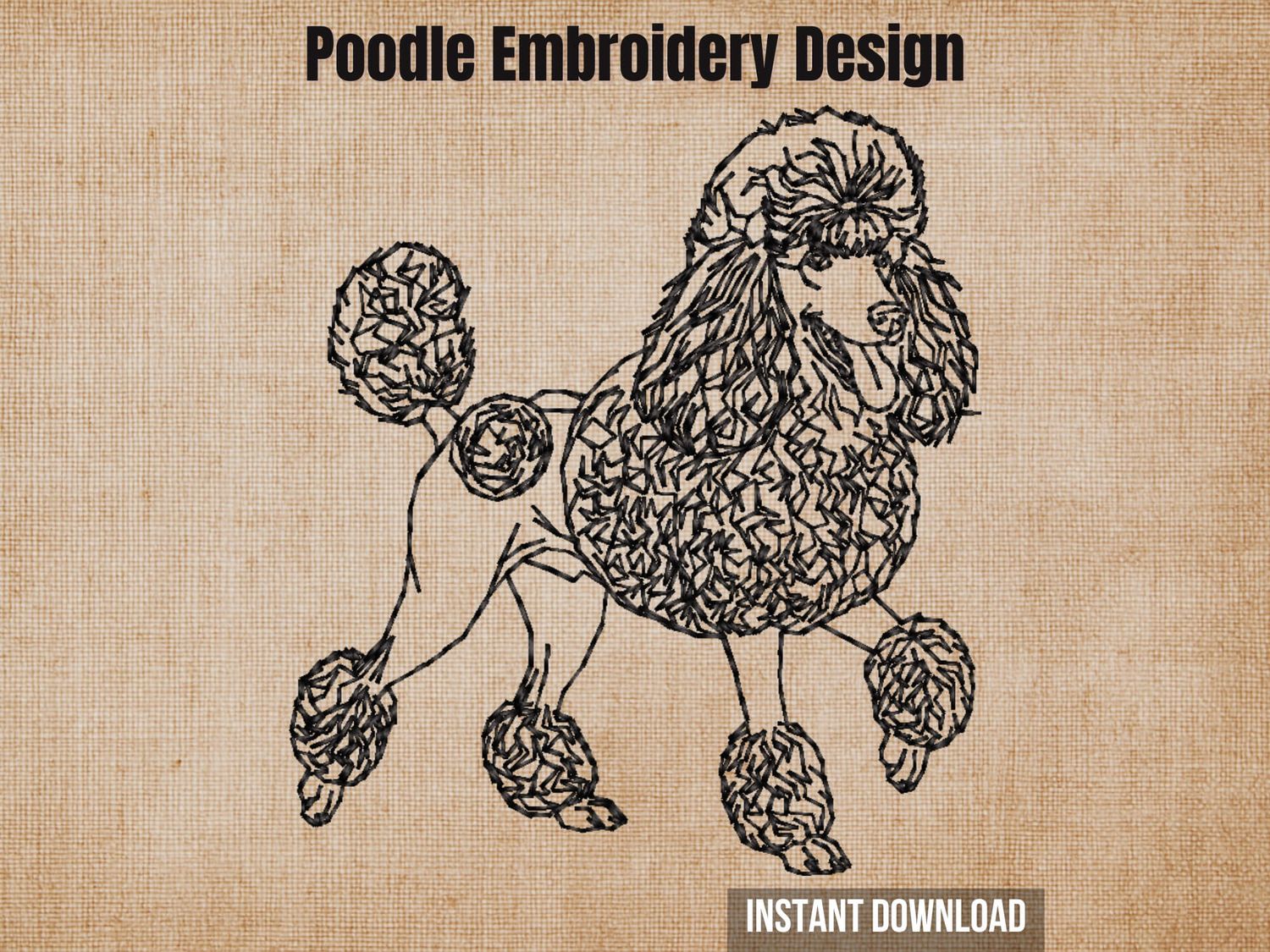 Product listing image for a digital poodle embroidery design with text overlay on a textured tan background.