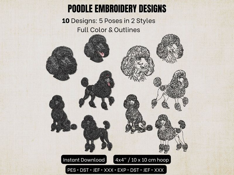 10 poodle embroidery designs showing 5 poses in full color and line outlines for a 4x4 inch hoop.