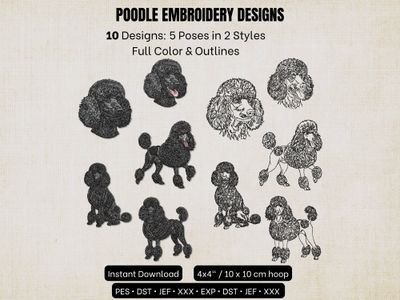 10 poodle embroidery designs showing 5 poses in full color and line outlines for a 4x4 inch hoop.