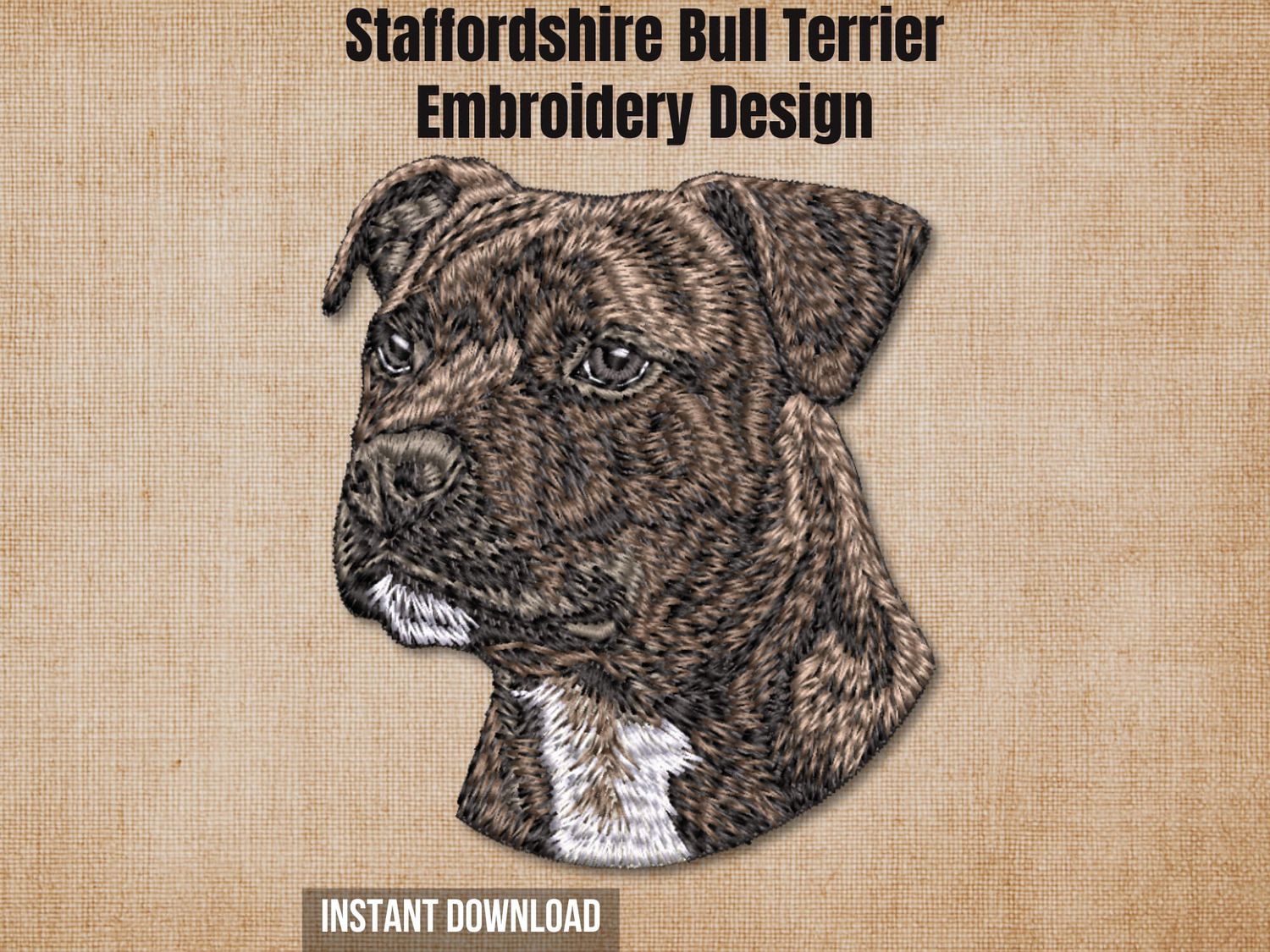 Staffordshire Bull Terrier embroidery design product cover artwork on textured background.