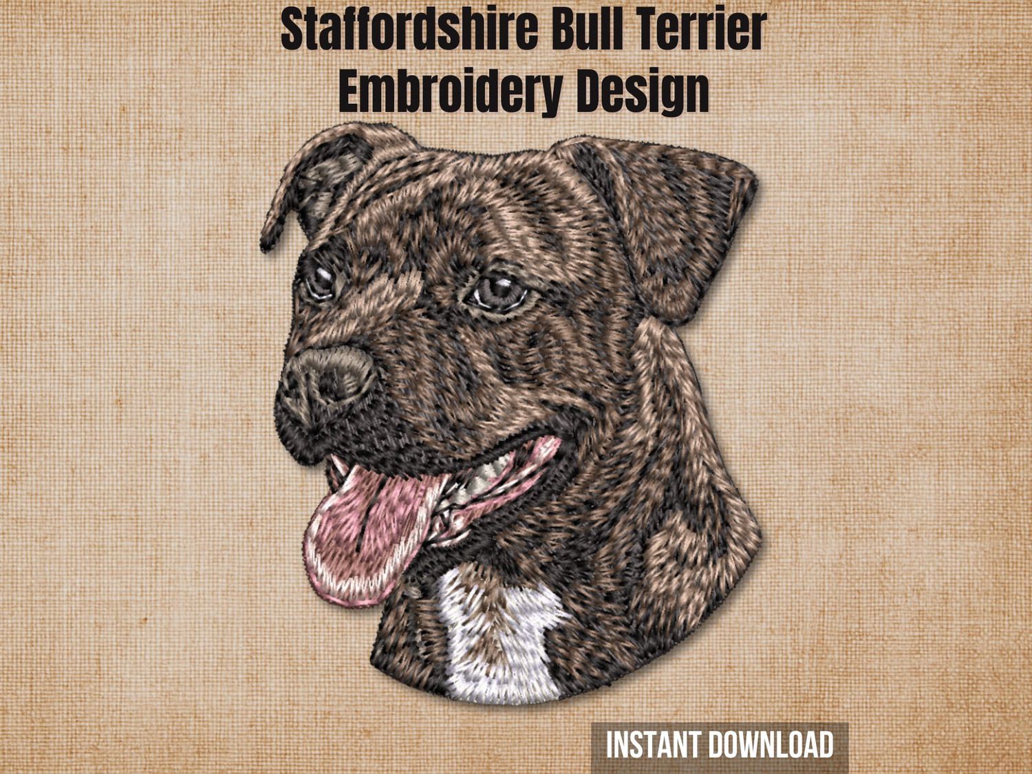 Staffordshire Bull Terrier tongue out embroidery design product cover artwork on linen texture.