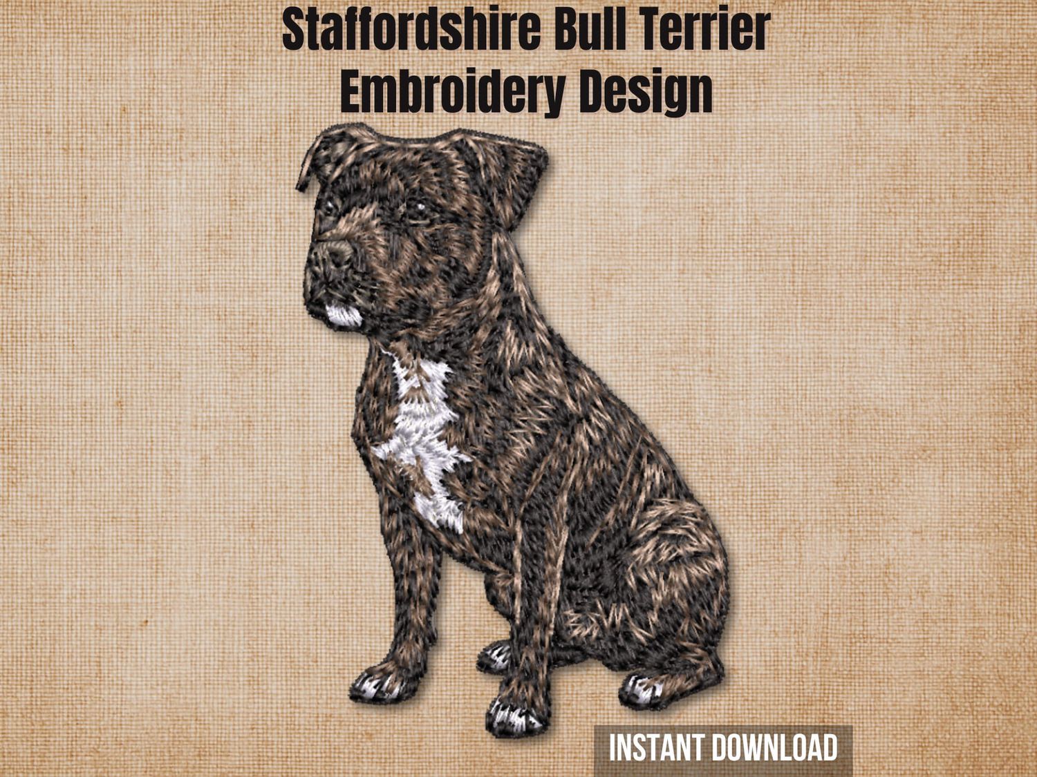 Staffordshire Bull Terrier full body seated embroidery design product cover artwork on textured linen canvas.