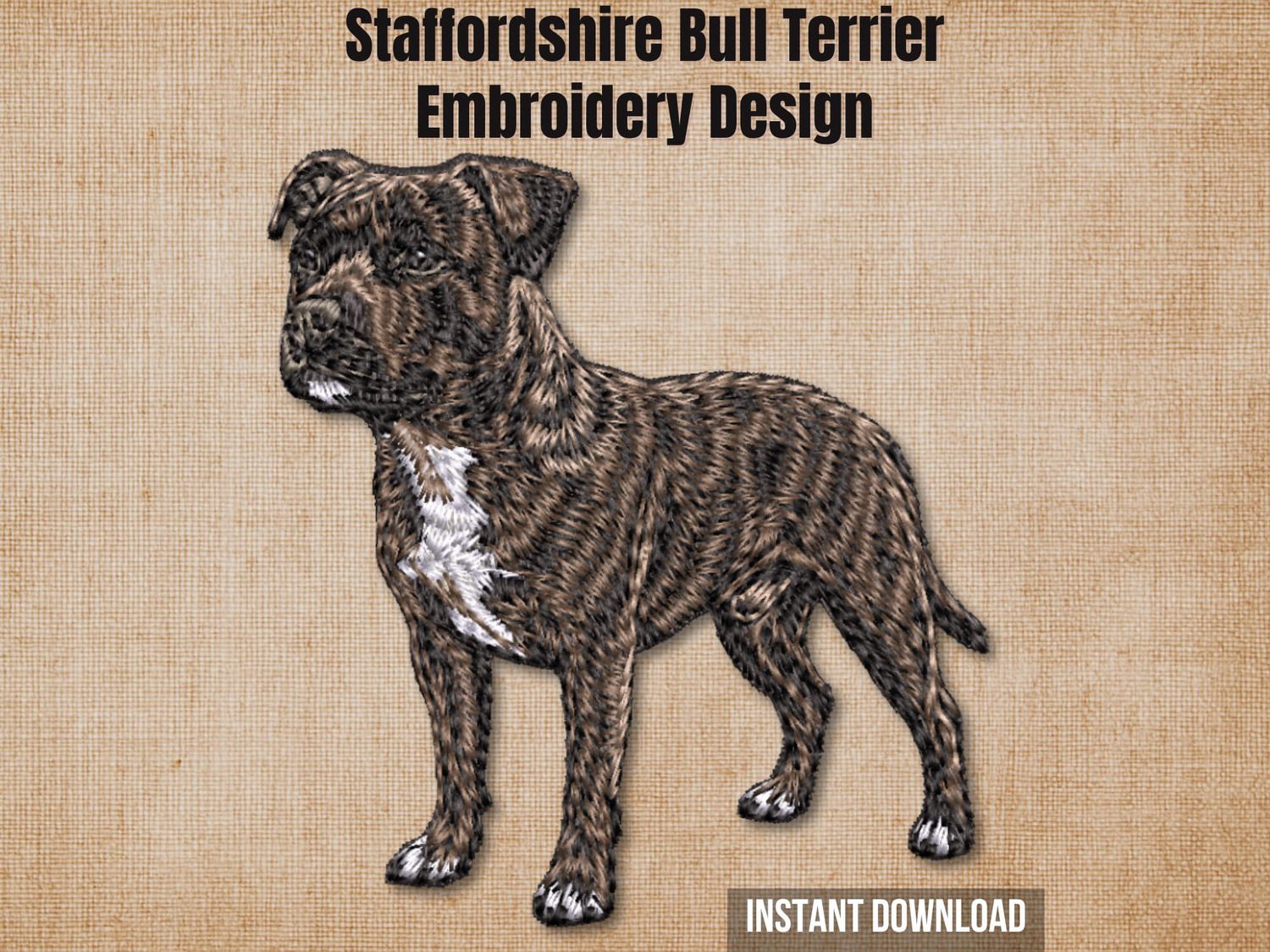 Staffordshire Bull Terrier full body standing embroidery design product cover artwork on textured linen canvas.