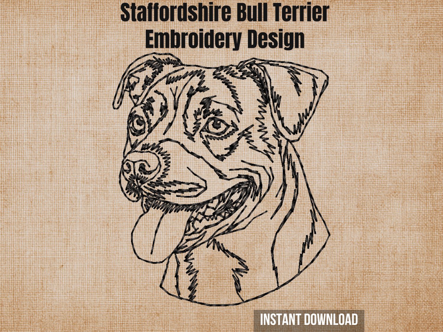 Staffordshire Bull Terrier tongue out line art embroidery design product cover artwork on textured linen canvas.