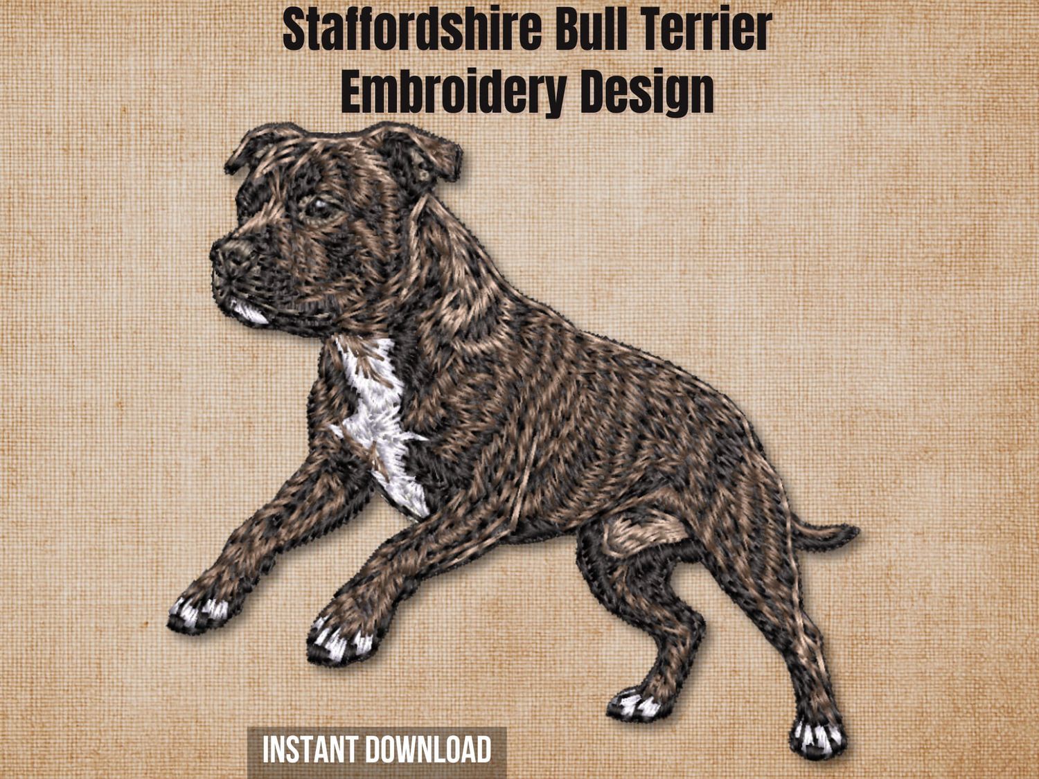 Staffordshire Bull Terrier full body dynamic embroidery design product cover artwork on textured linen canvas.