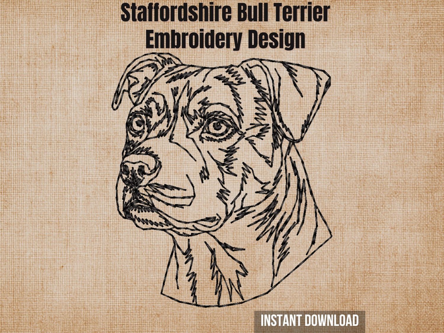 Staffordshire Bull Terrier closed mouth line art embroidery design product cover artwork on textured linen canvas.