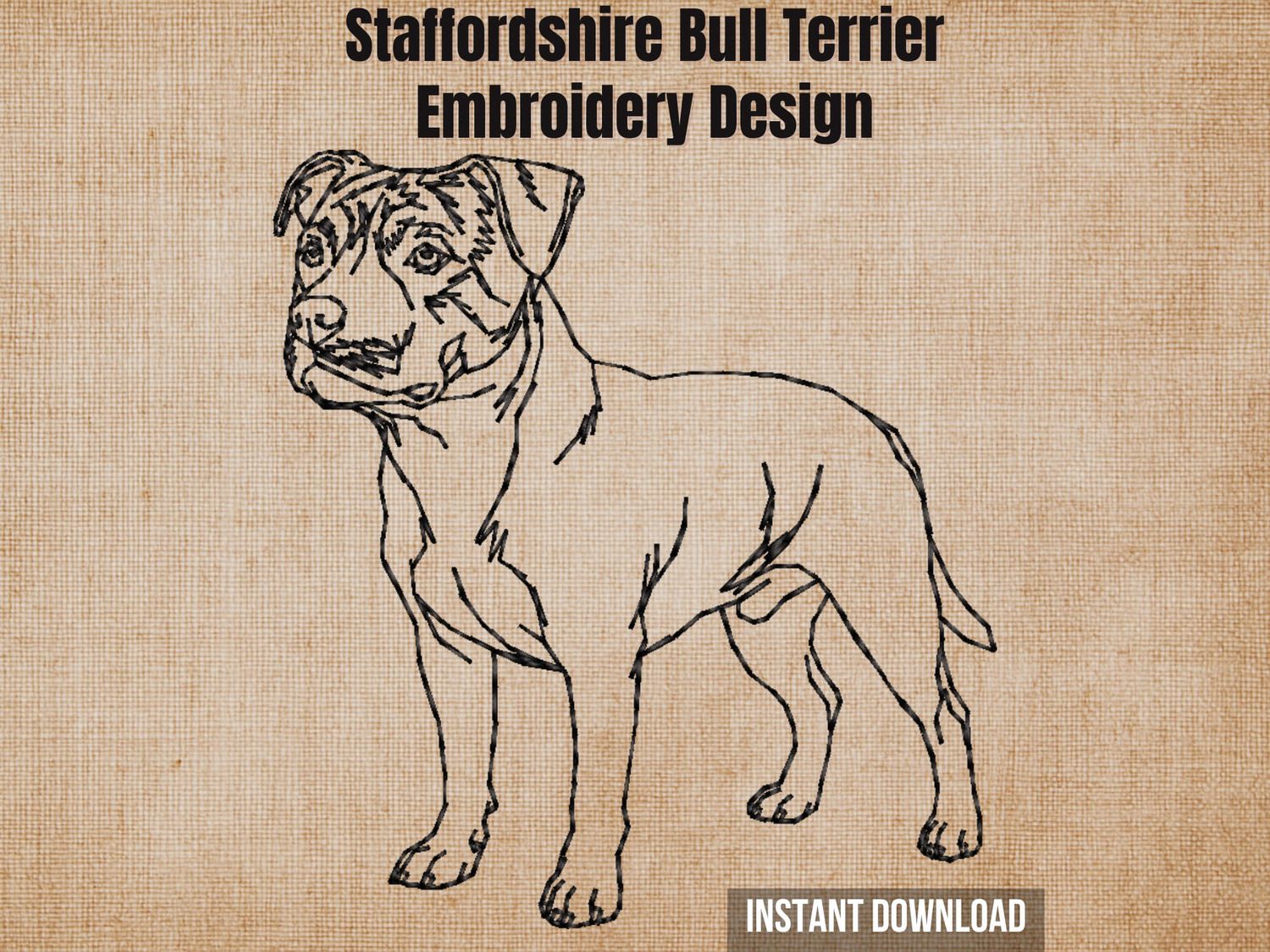 Staffordshire Bull Terrier full body standing line art embroidery design product cover artwork on linen canvas.