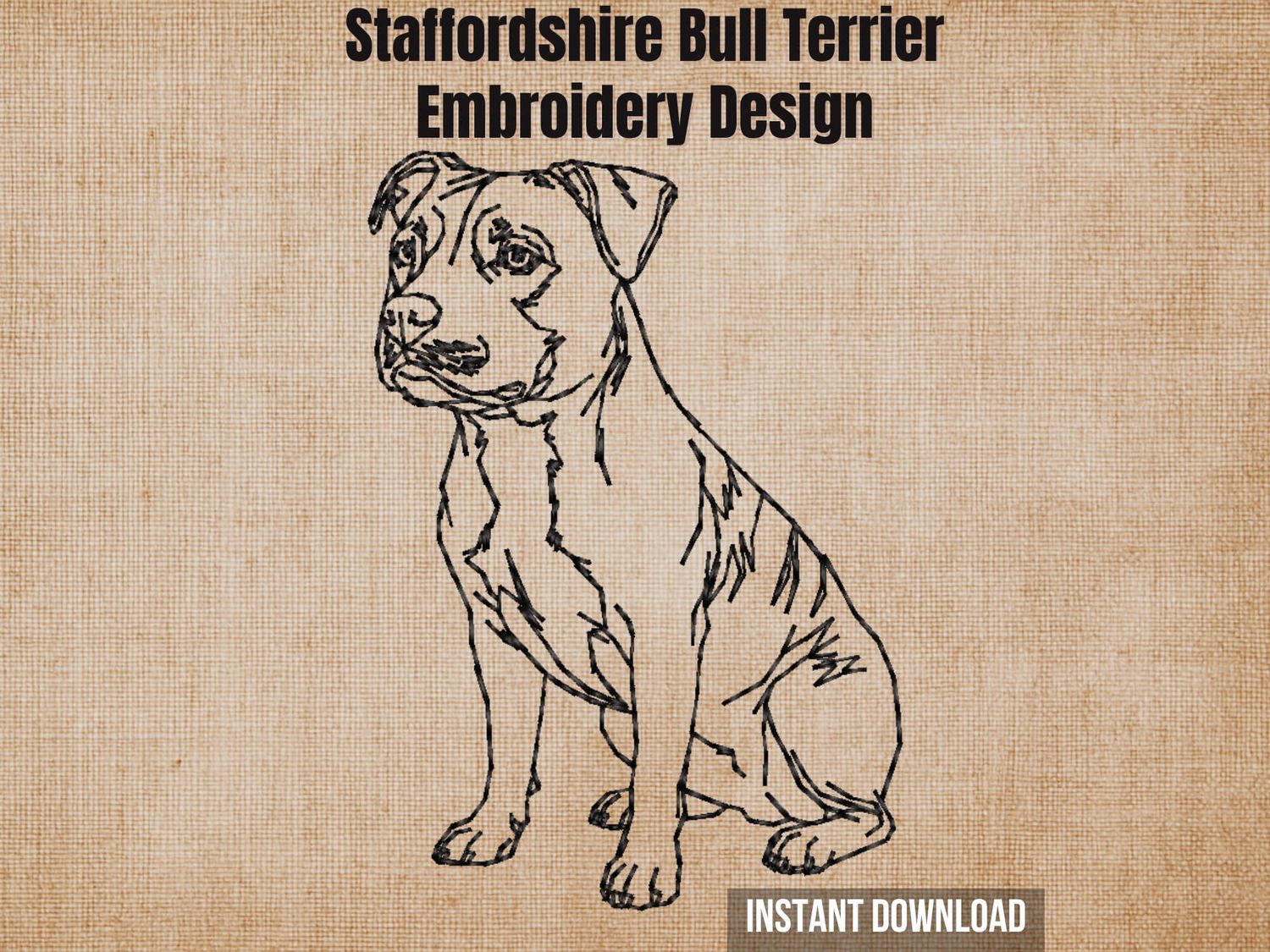 Staffordshire Bull Terrier full body seated line art embroidery design product cover artwork on linen canvas.